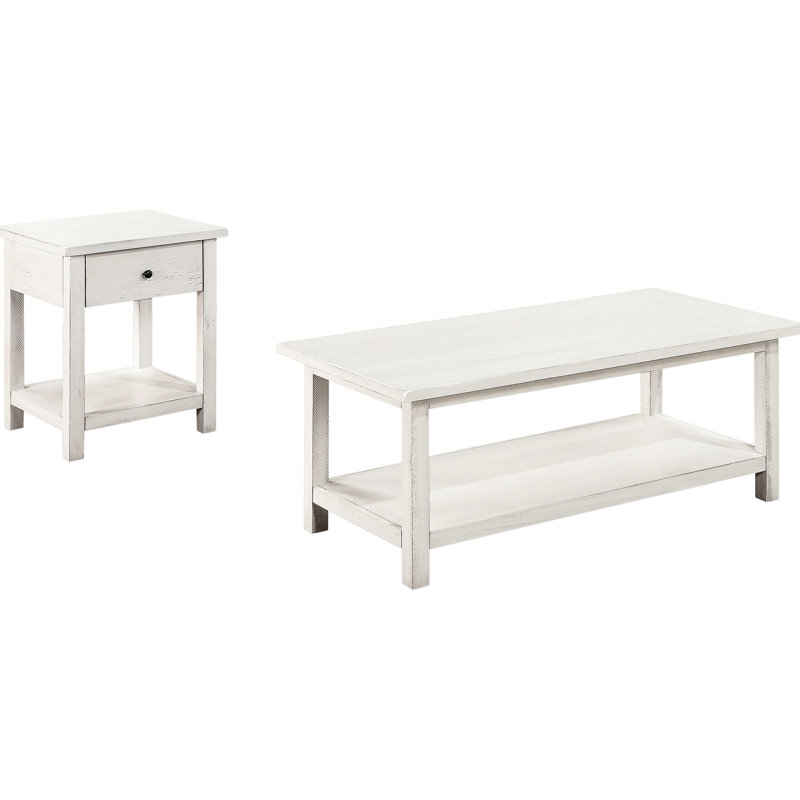 Table basse et de bout blanc vieilli, bois d'ingénierie en pin massif, tables rectangulaires, tablettes de rangement, espaces de vie rustiques 2 pièces