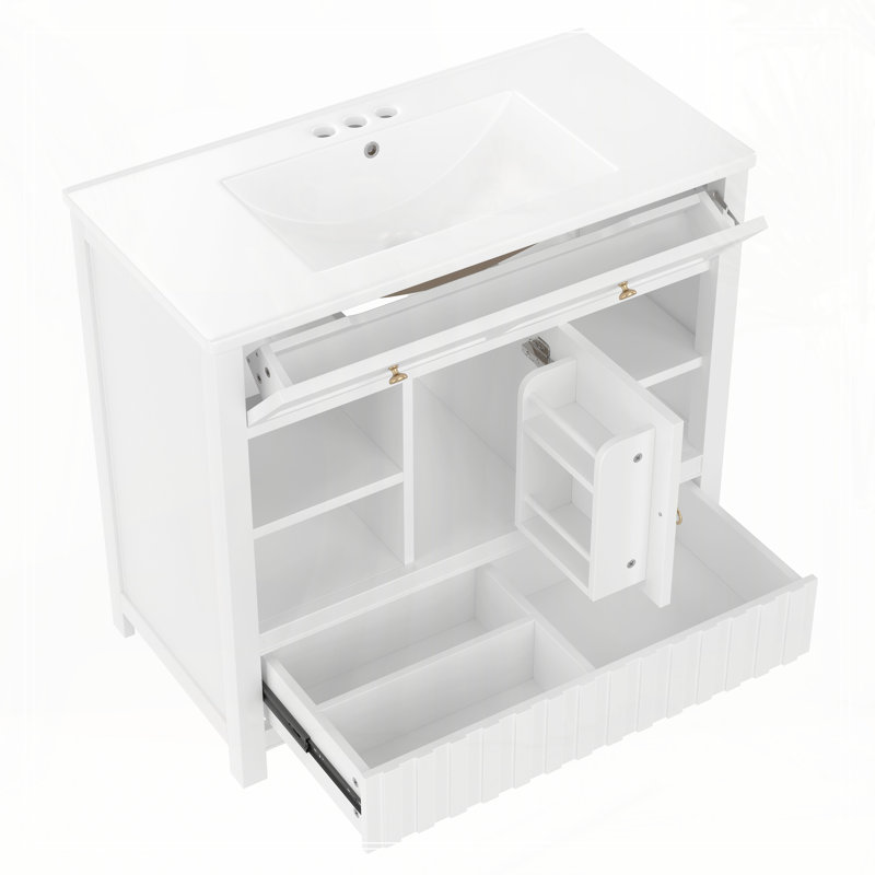 Meuble-lavabo de 36 po avec lavabo, armoire de salle de bain multifonctionnelle avec portes et tablettes de rangement, avec tiroirs