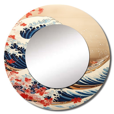 Saaid Masterpiece The Red Great Of Kanagawa I - Masterpiece Unique Wall Mirror, Red Round Mirror, Printed Metal Art