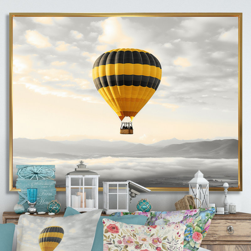 Ballon à air chaud jaune I - transport, art mural, salon, H 16 po x l 32 po x P 1 po, Cadre flottant doré