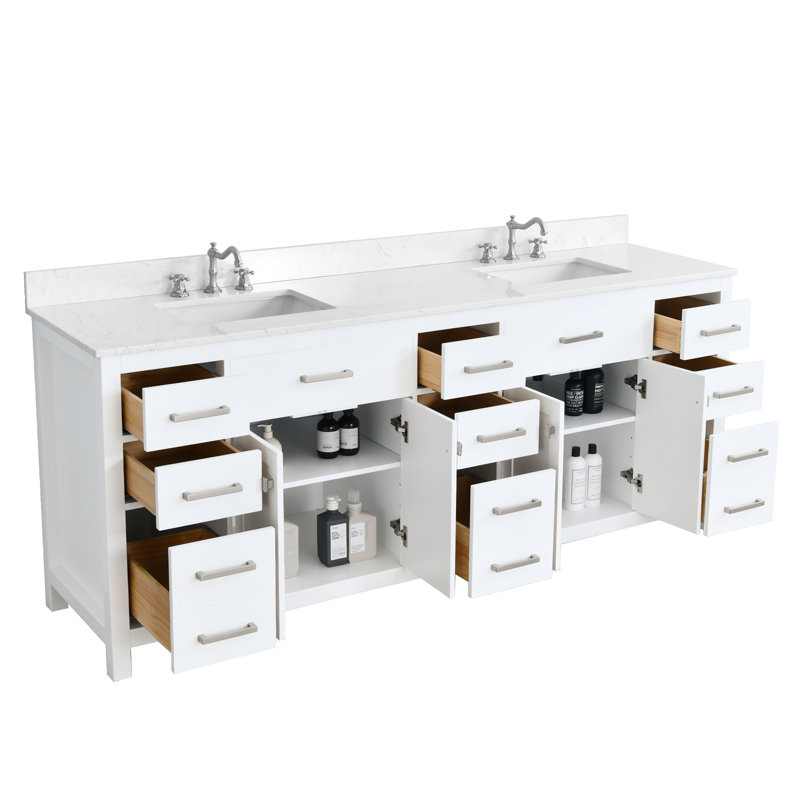 84-In White Undermount Double Sink Bathroom Vanity With Engineered Stone Top