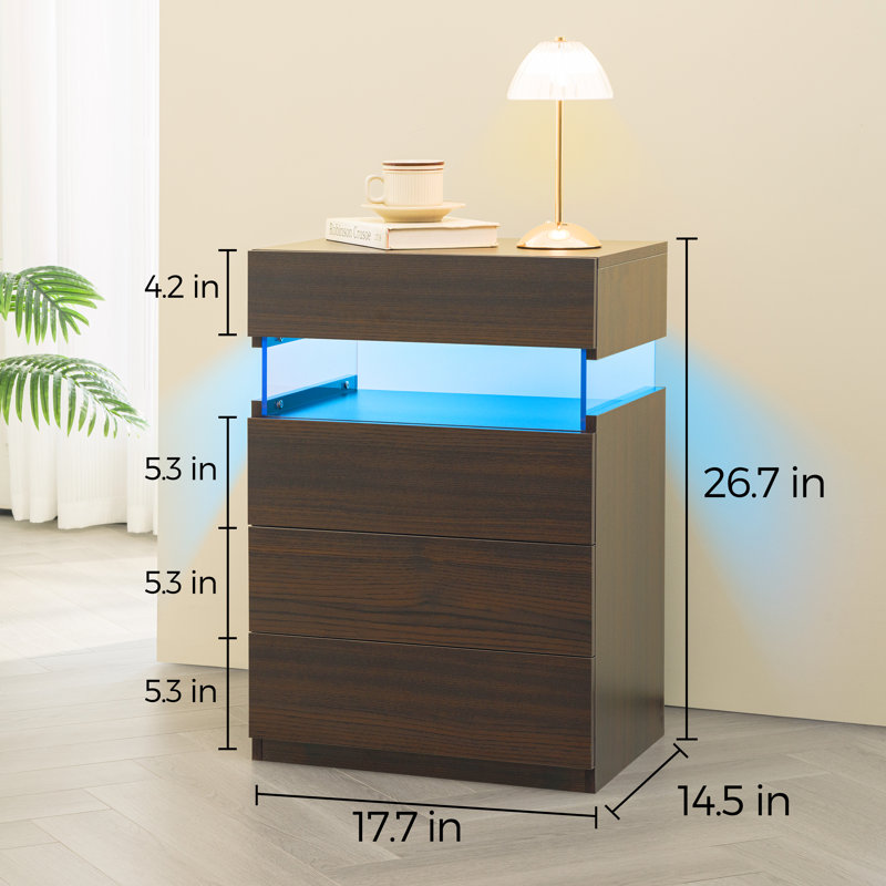 Table de chevet moderne à DEL 27 po avec 4 tiroirs 27 po, Noyer, Ensemble de 2