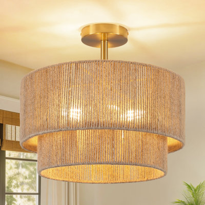 3-light Boho Light Fixtures Ceiling Mount, Rattan Semi Flush Ceiling Light With 2-tier Shade, Rustic Hand-woven Drum Light Fixture For Hallway Kitchen Foyer Farmhouse Bedroom