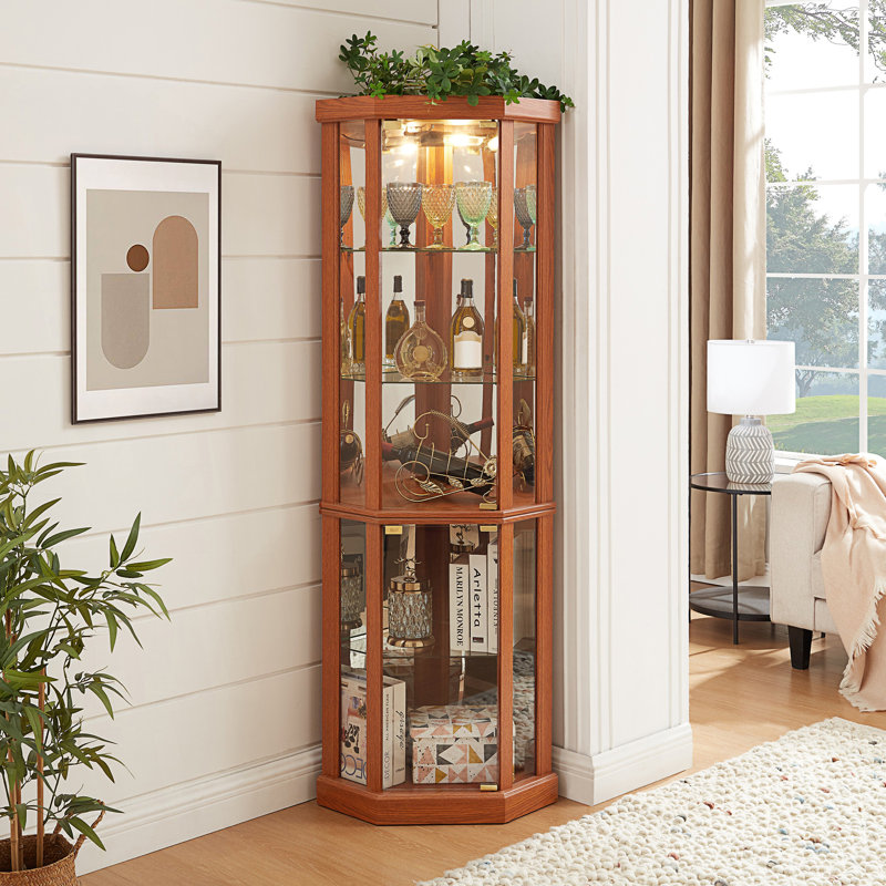 Corner Lighted Curio Cabinet, Corner Glass Cabinet, Corner Display Case, Dark Oak
