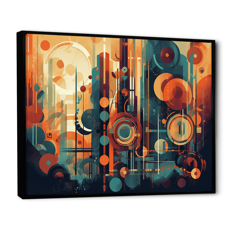 Braxtyn orange et bleu abstrait nostalgie II - art abstrait Mid-Century, H 12 po x l 20 po x P 1 po, Cadre flottant noir