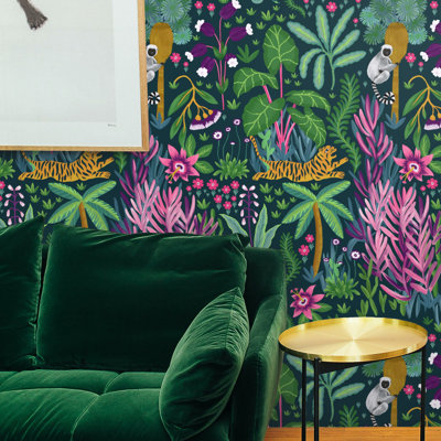 Jungle Tiger and Monkey Wallpaper Tropical Green