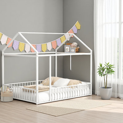 Full Size Metal Bed House Bed Frame With Fence, For Kids, Teens