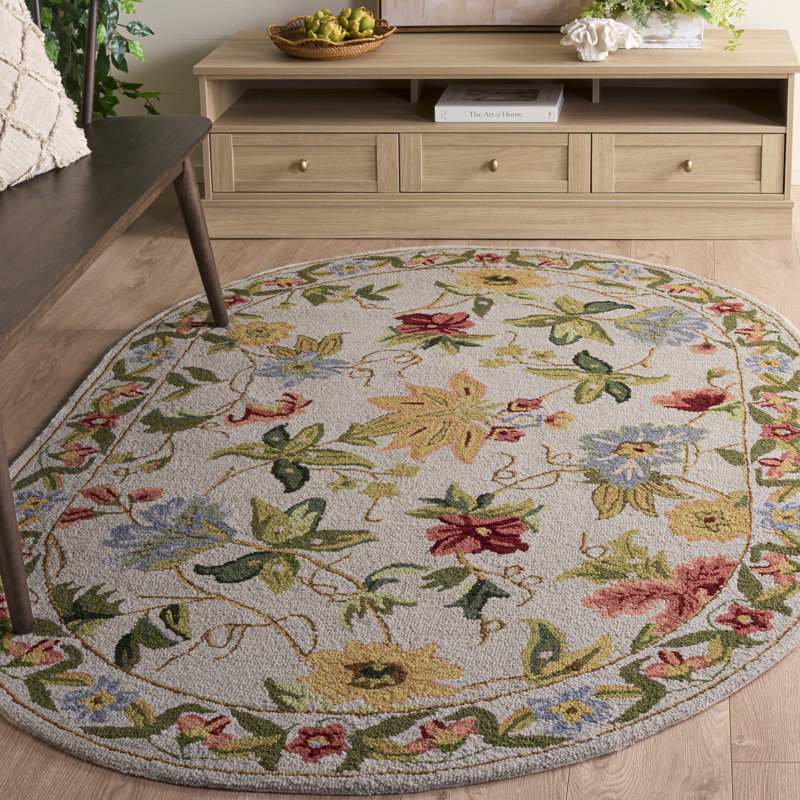 Sapin Hand Hooked Wool Floral Rug, Oval 3' x 5'