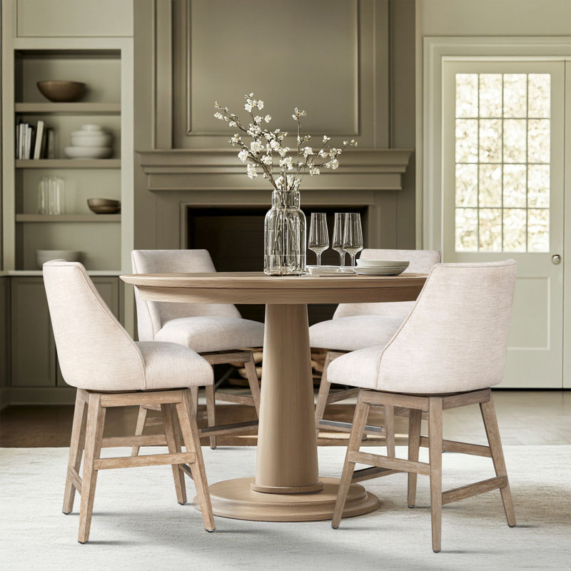Martha Stewart Winfield Cream Upholstered Swivel Counter Stool with Solid Wood Frame, Cream
