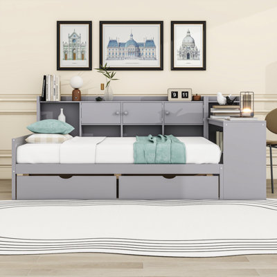 L-Shape Wood Daybed with Storage Desk and Drawers,Shelves