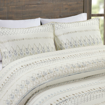 5 Piece Comforter Full/Queen - Blue & Taupe Geometric Print Printed Seersucker 2 Shams And Pillows Machine Washable Bedding