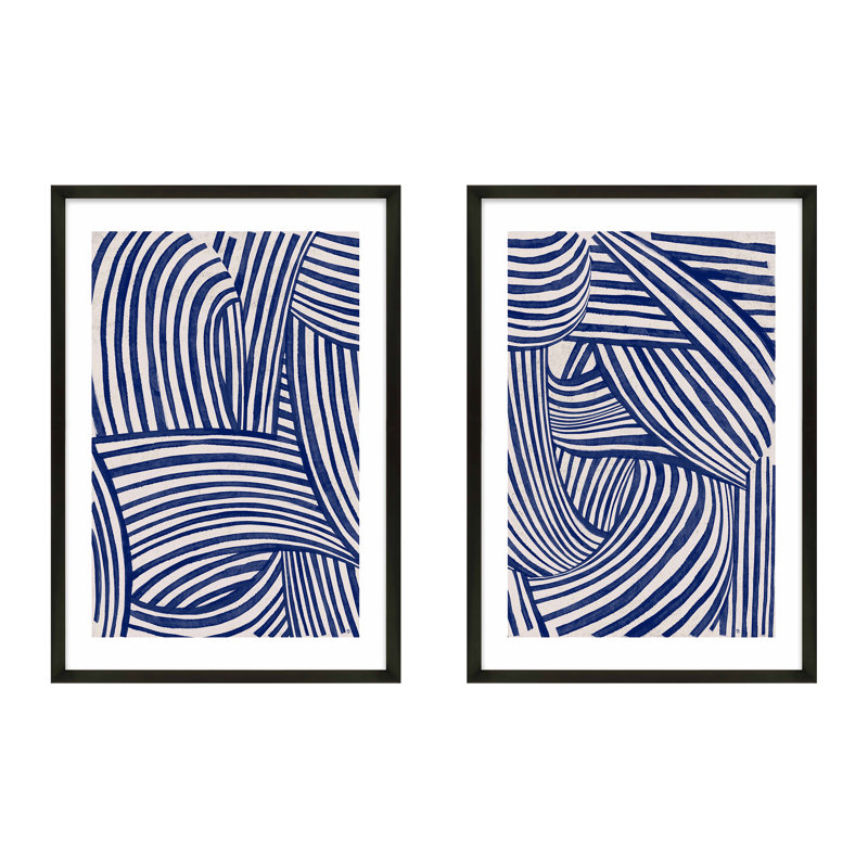 Blue Waves. Set of 2 by Marco Marella for Studio M - Framed Wall Art, 50" H x 35" W x 1.25" D, Black Framed