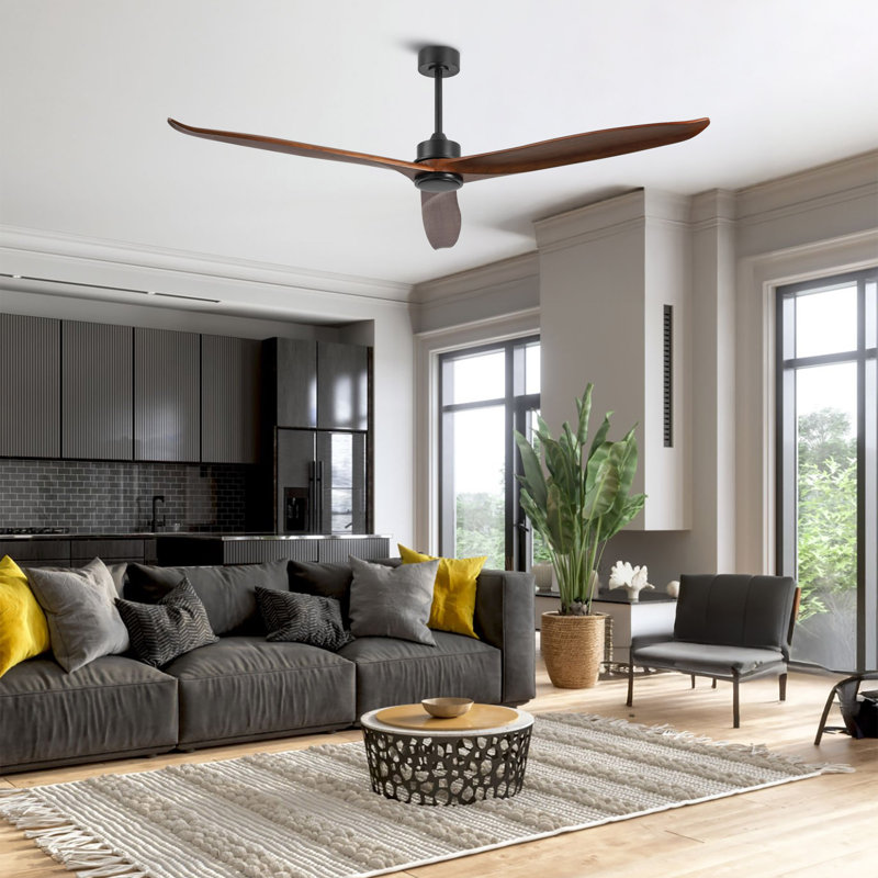 72" Large Modern Solid Wood 3-Blade Indoor Ceiling Fan with Remote Control, Dark Brown Wood