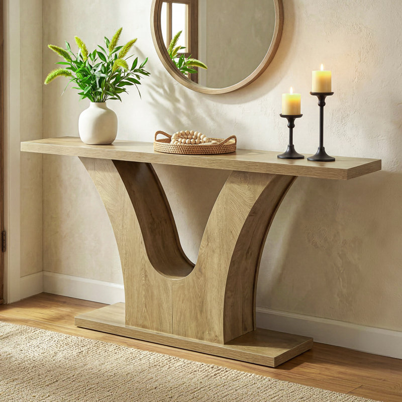 63" Wooden Console Table with Geometric Base