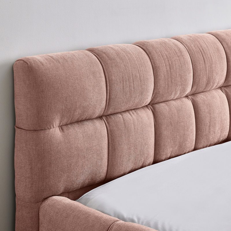 Grand lit moderne rose avec plateforme en tissu d'ameublement en chenille avec tête de lit et structure robuste sans sommier épais