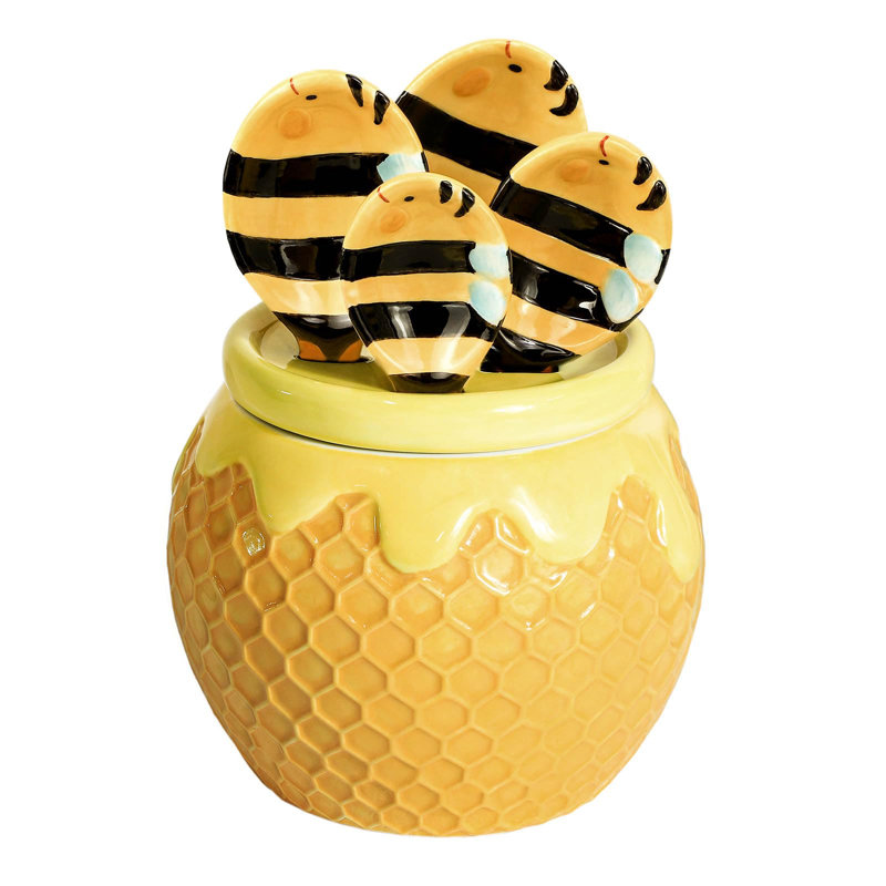 Ceramic Bee And Honeycomb Measuring Spoons Set For Dry Or Liquid With Measuring Cup Set, 4 PCS Kitchen Measuring Baking Spoons Cooking Measuring Spoons