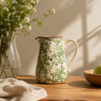 White‑Green Floral Ceramic Pitcher Vase, Decorative Jug Vase for Windowsill, Tabletop, Farmhouse French‑Country Home Decor