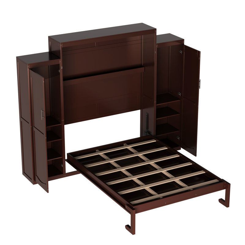 Grand lit pliable avec 2 grandes garde-robes et unités de rangement, cadre de lit en bois pour étagères murales ouvertes, chambre plateforme
