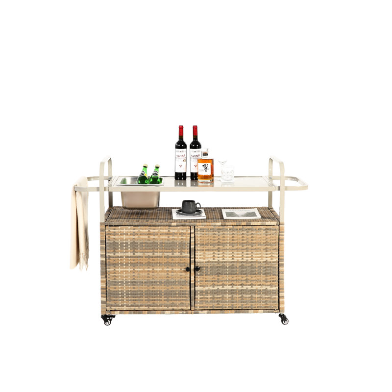 Patio Bar Table With Steel Top & Cabinet - Beige Outdoor Cart Cabinet, Lockable Wheels, All-Weather, Side Basket, Simple Assembly Process Sports Top, Effortless Setup