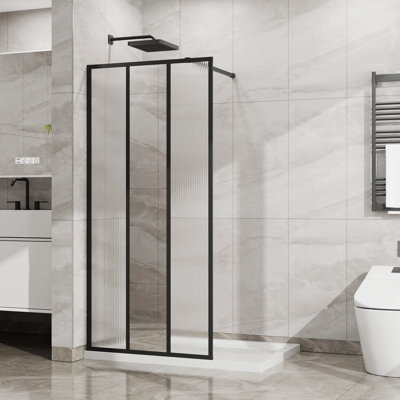 34" W x 72" H Fixed Shower Door, 3-Panel Design with Center Mirror & Fluted Pattern, 1/5 inch (5mm) Tempered Glass, Walk-in Shower Screen Panel Matte Black