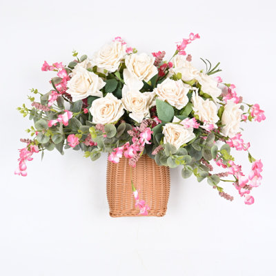 Artificial Farmhouse Wildflower Rose Floral Arrangement With Basket For Front Door Wall Decor, Blossoms Cluster Berry Greenery Eucalyptus Foliage Faux Flower For Dining Table Centerpieces, Home Office Wedding Party Decor