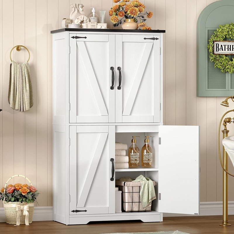 Armoire de ferme avec tablettes réglables - rangement blanc à 4 portes pour la salle de bain, la cuisine et le salon