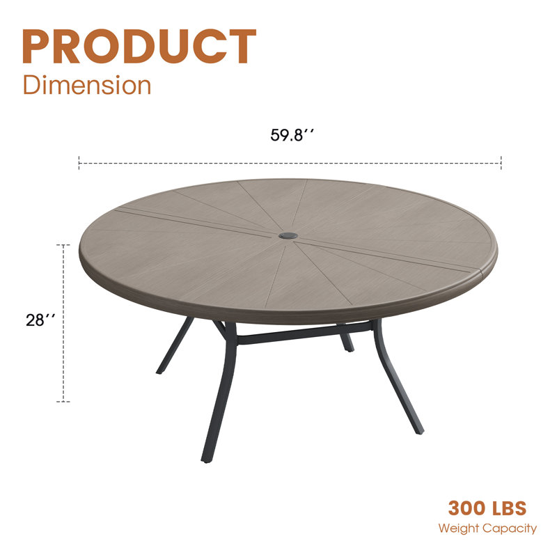8-Person Aluminum Round Patio Dining Table, Brush Wood Gray
