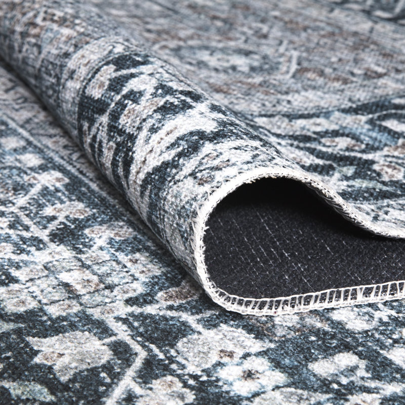 Washable Non-Slip Traditional - Navy Blue Rug - Donatas, Rectangle 3' x 5'