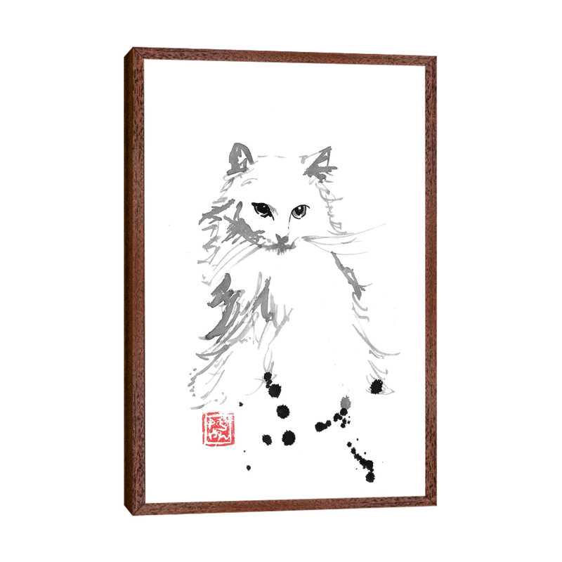 Chat Blanc by Péchane - Print on Canvas, 66.04 cm H x 45.72 cm W, Classic Brown Wood Framed