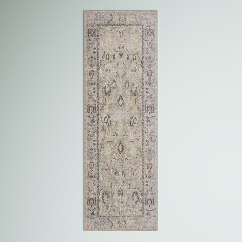 Machine Washable Elodie Southwestern Tan/Green/Blue Area Rug, Runner 2'6" x 7'6"