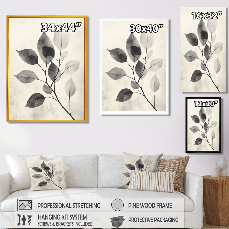 Pebble Grey Leaves Veins Of Nature III - feuilles, art mural pour le salon, H 32 po x l 24 po, Noir