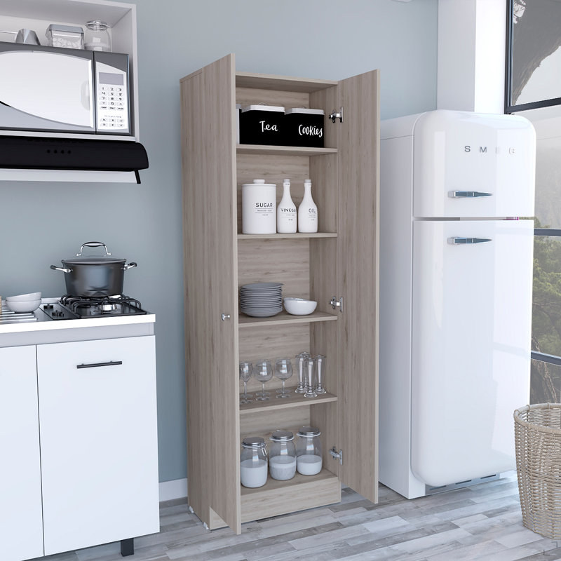 Armoire garde-manger à plusieurs tablettes, cinq portes, armoire gris clair, Gris clair