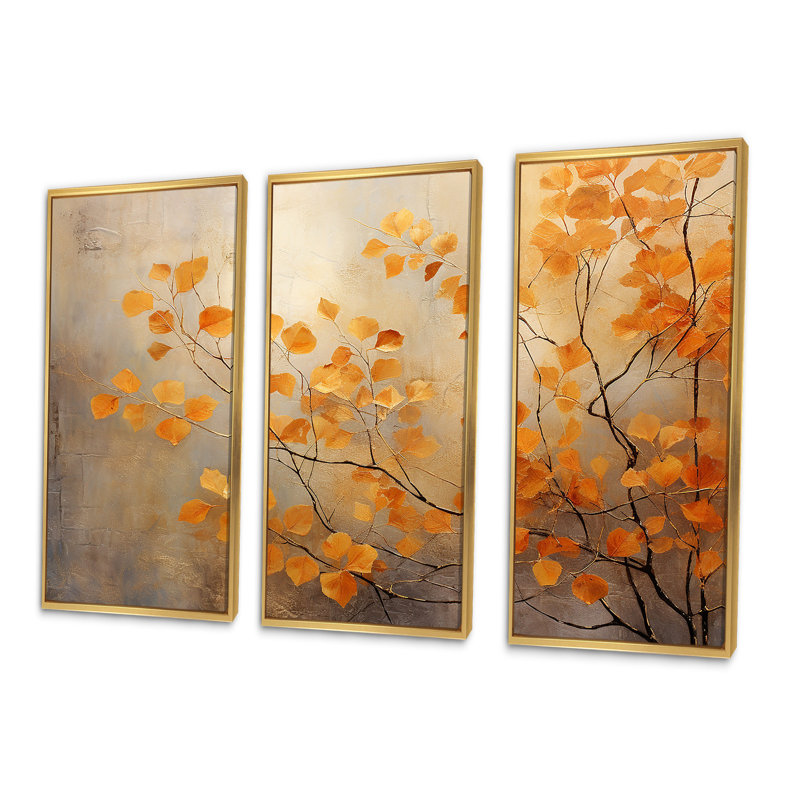 «Golden Autumn Forest Harmony», ensemble de salon art mural forêt, Cadre flottant doré, H 40 po x l 60 po x P 1 po