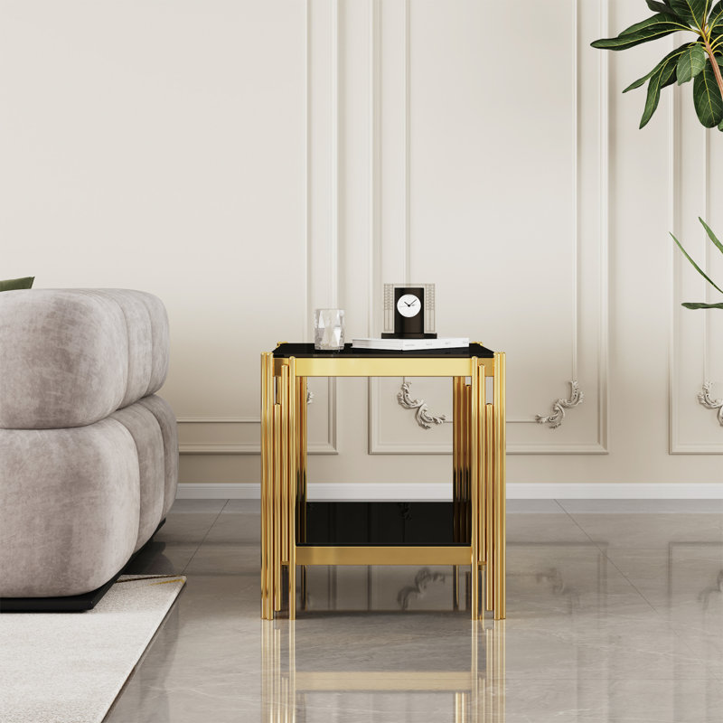 Table de bout en verre trempé à double couche supérieure et inférieure avec cadre en acier inoxydable à finition miroir, Noir