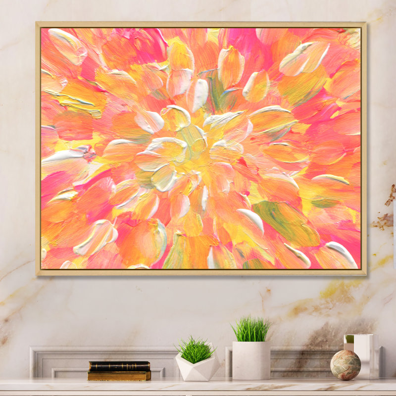 " Orange And Yellow Abstract Blossoming " Painting Print, 30'' H x 40'' W x 1.5'' D, Brown Floater Framed