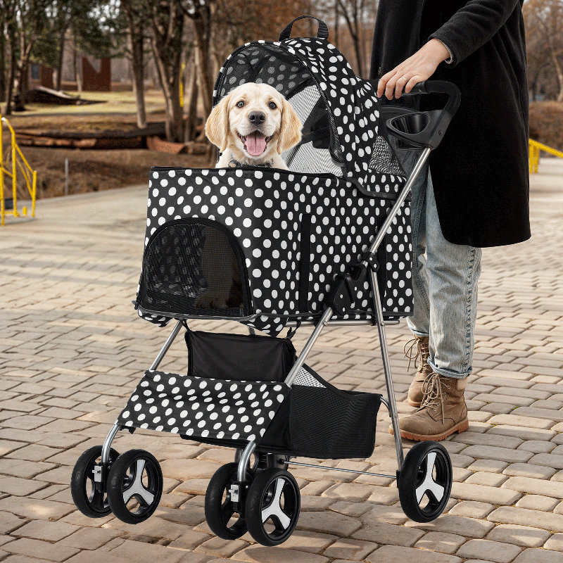 Black and White Polka Dot Foldable Pet Stroller with Steel Frame