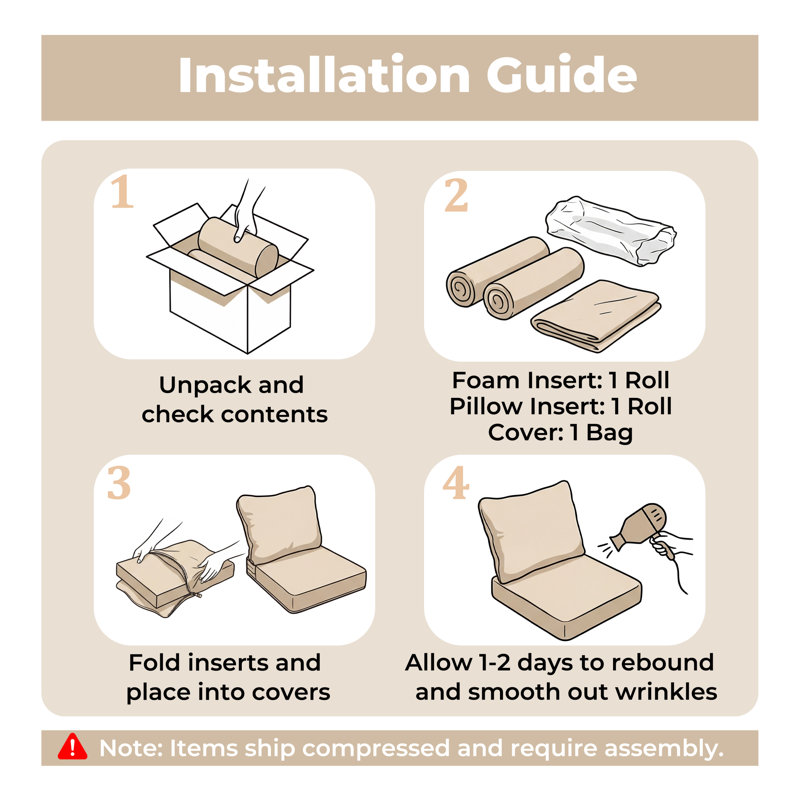 Outdoor Deep Seat Patio Cushion with Non-Slip Bottom for Patio Furniture, Waterproof, Fade-Resistant, 25.5x25.5x5-19, 1