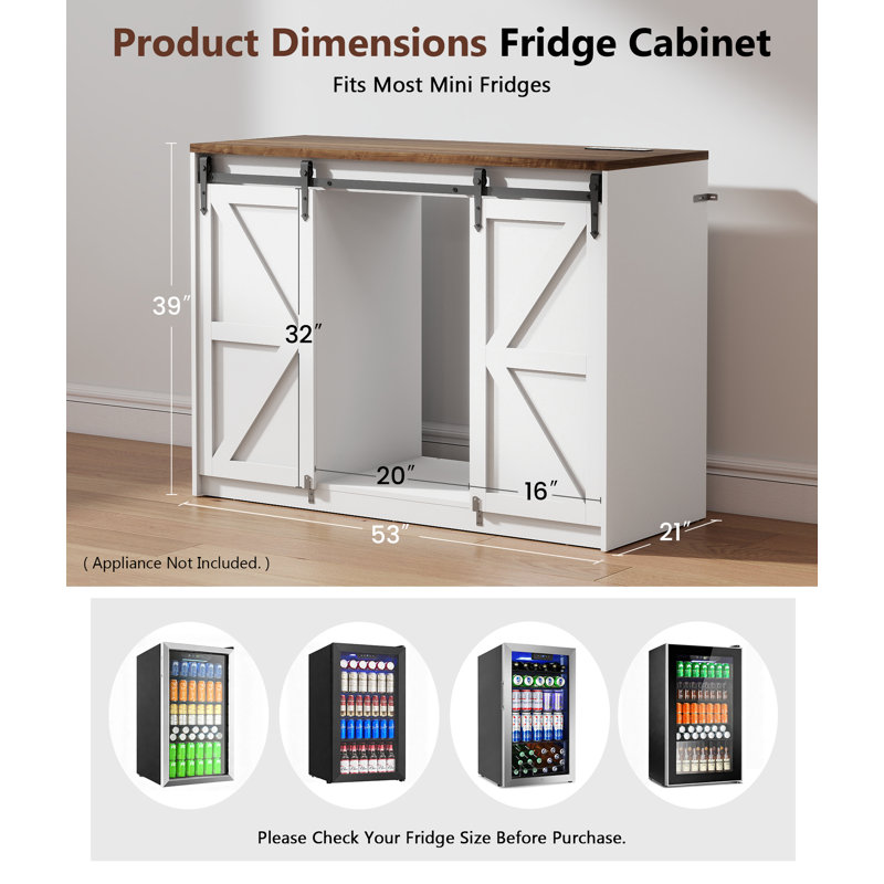 Farmhouse Coffee Bar Cabinet with Power Outlet & Fridge Space, Mini Fridge Cabinet with Barn Doors for Living Room