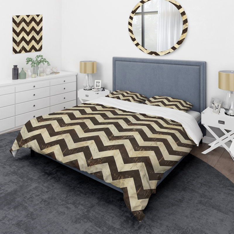Ensemble de housse de couette transitionnelle brun crème à chevrons Glam I, Housse de couette pour grand lit et 2 taies décor