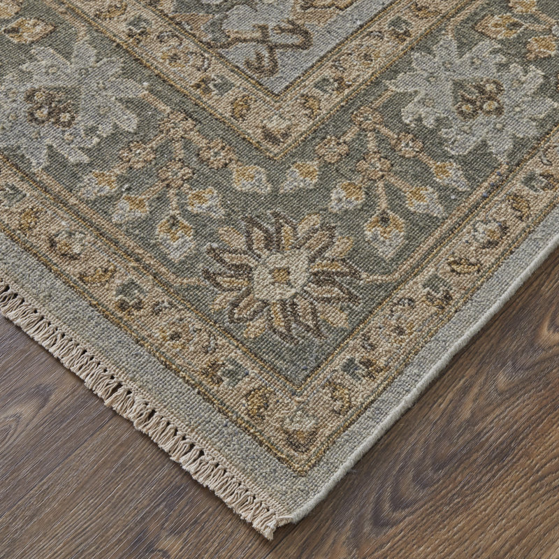 Tapis oriental en laine noué à la main bleu / or / gris, Rectangle 3 pi 6 po x 5 pi 6 po