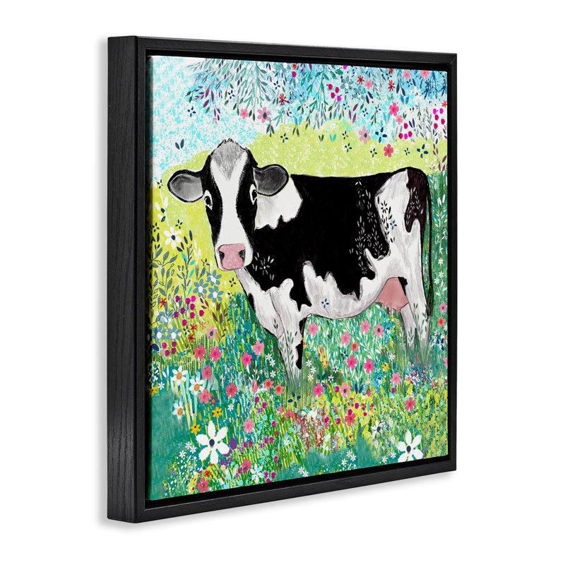 Cadre flottant Impressionist Cow & Meadow Flowers, design par Clare Tupper, Cadre flottant noir de jais, H 18 po x l 18 po