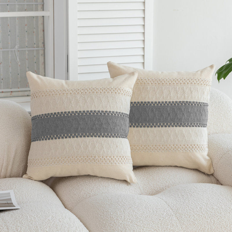 Barossa Design Boho Embroidered Geometric Cotton Blend Pillow Cover, Gray, Square 18"