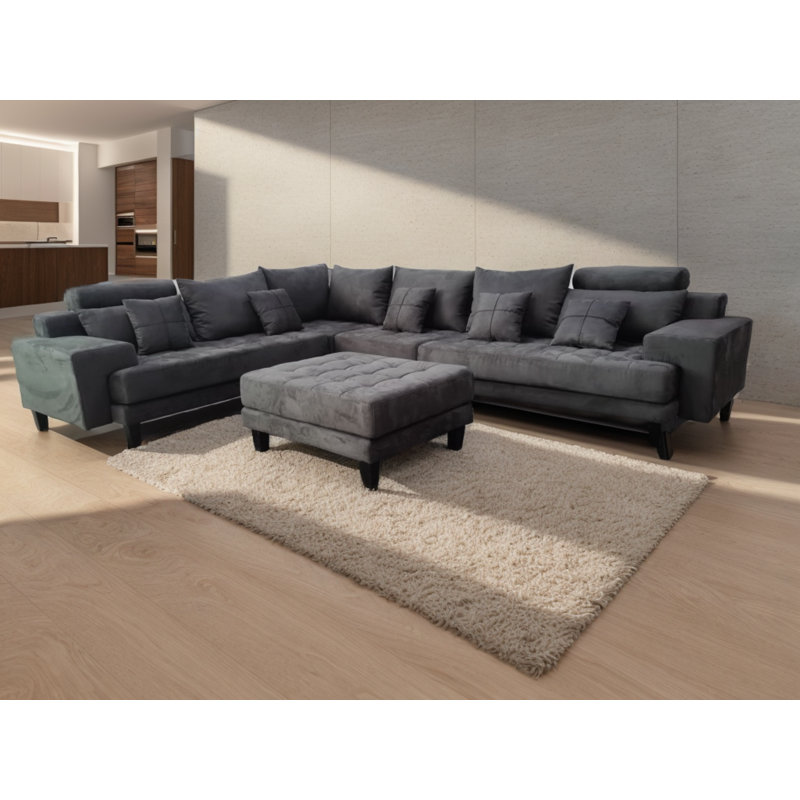 5 - Piece Upholstered Microfiber Sectional Couch Sofa Set, Dark Gray Microfiber/Microsuede