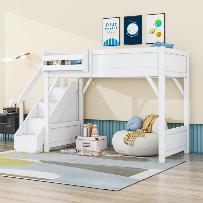 Wooden Space-Saving Loft Bed with Stairs, Twin, White