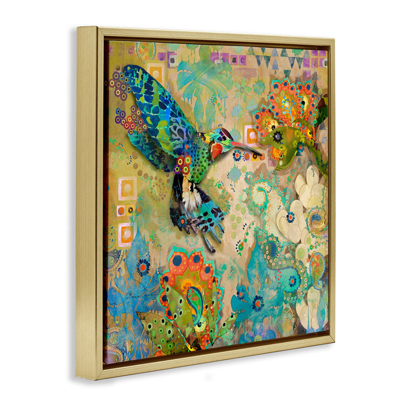 Motif bohème colibri, Cadre flottant métallique doré, H 25 po x l 25 po