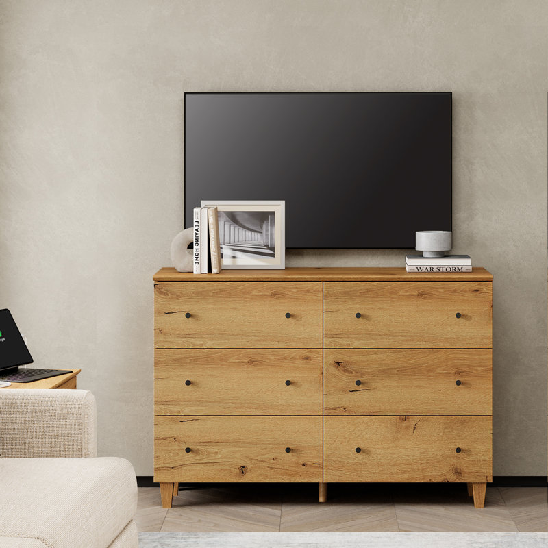 TV Dresser With 6 Drawers For 55 Inches TVs, Entertainment Center For Living Room Bedroom, Brown Oak