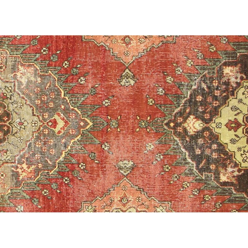Tapis de couloir unique en laine noué à la main de style années 1960 de 3 pi 7 po x 13 pi en rouge / brun / beige
