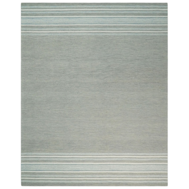 Tapis blanc et gris en laine fabriqué à la main à rayures modernes, Rectangle 5 pi x 8 pi