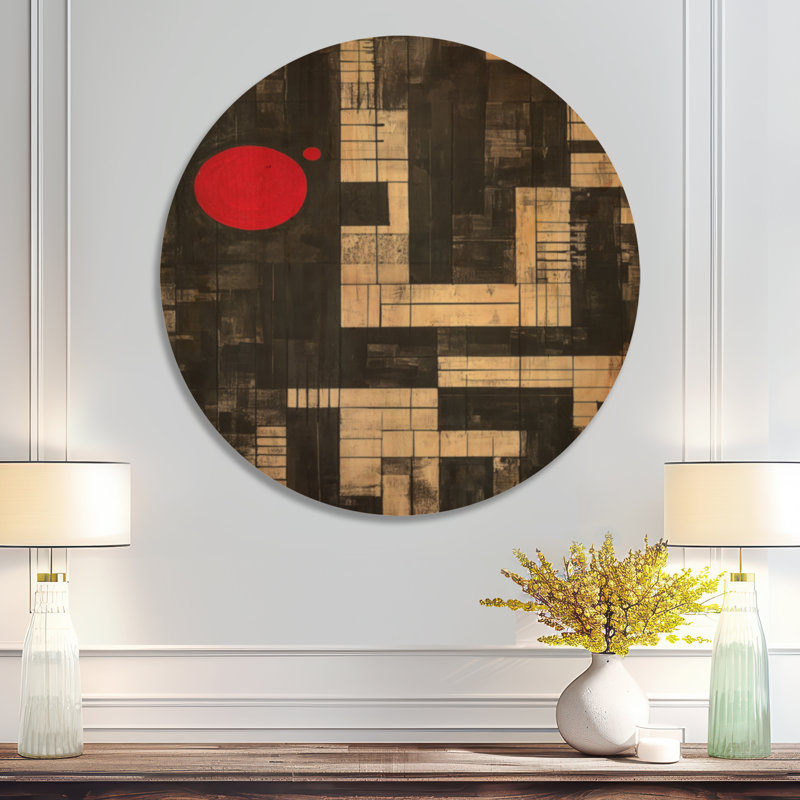 Red Red Grid - impression géométrique murale en bois, Rond 23 po, Rond