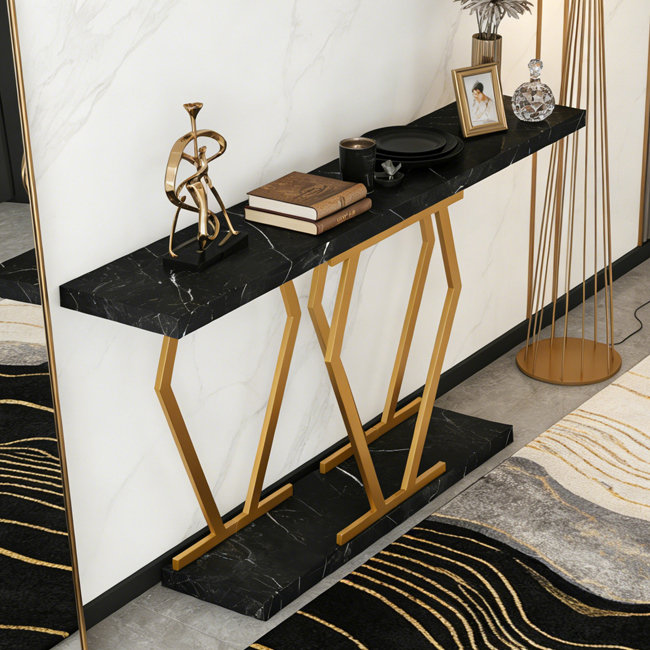 Modern Console Table Sofa Table with Faux Marble Tabletop, Black Gold